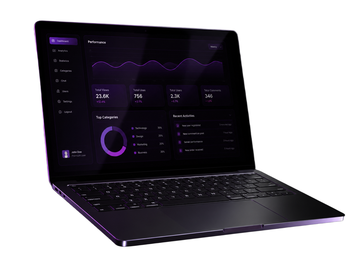 3D render of a laptop displaying a purple analytics dashboard built by Dev Studio
